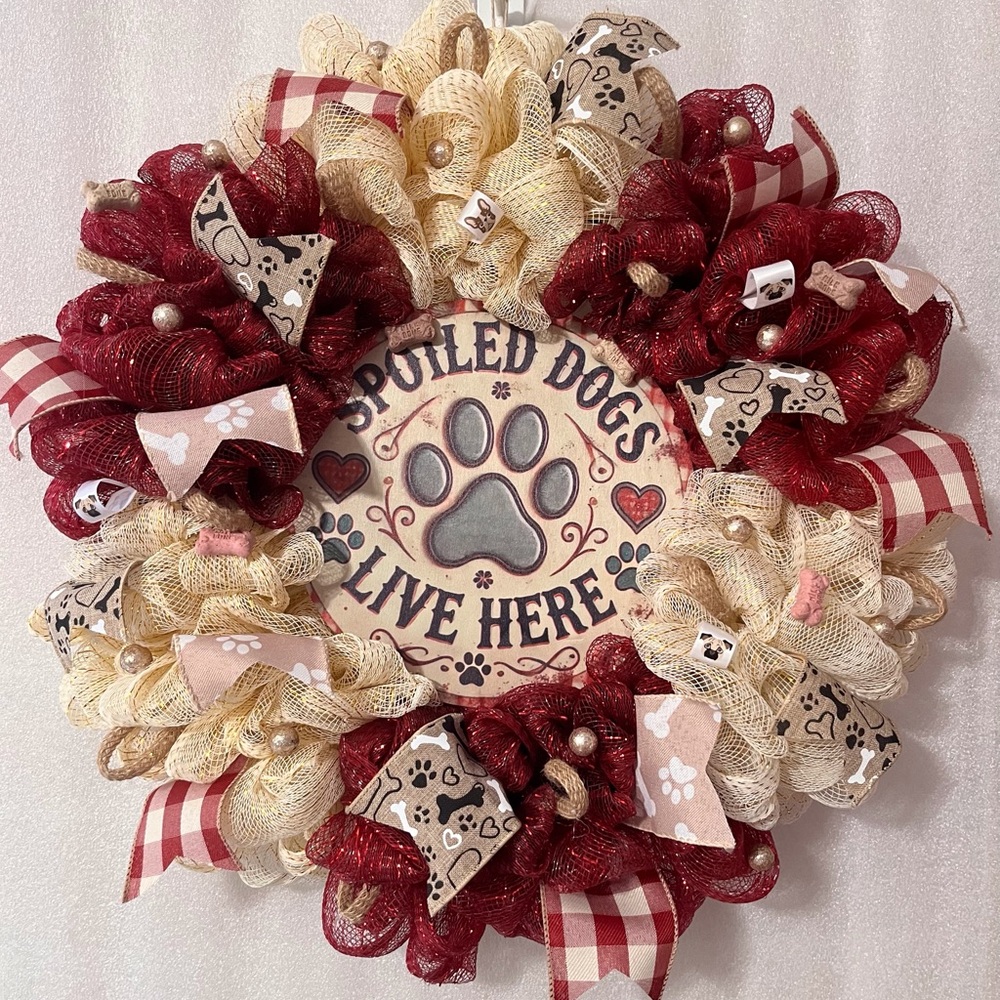 Red and Cream Dog-Themed Wreath